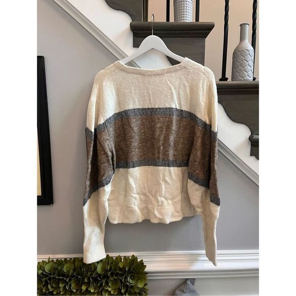 Veronica Beard Cream Brown & Silver Stripe V-Neck Sweater sz XL EUC - Picture 4 of 5
